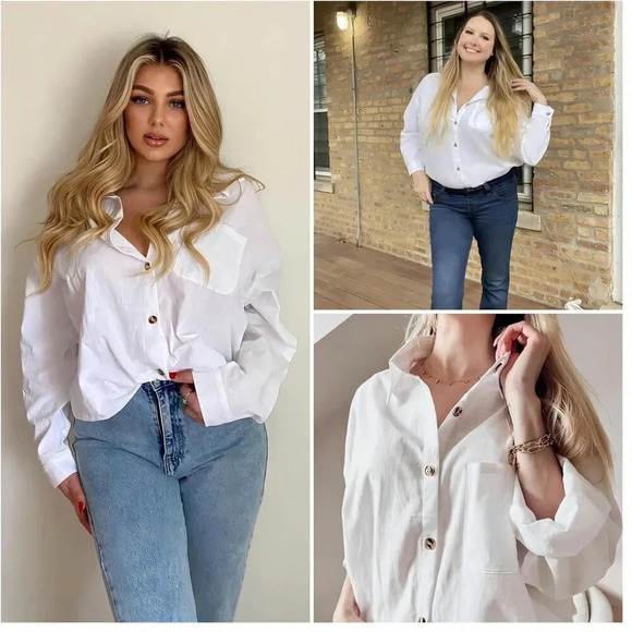 Womens Cotton Button Down Shirt Long Sleeve Loose Fit Collared Linen Work Blouse - Picture 3 of 6